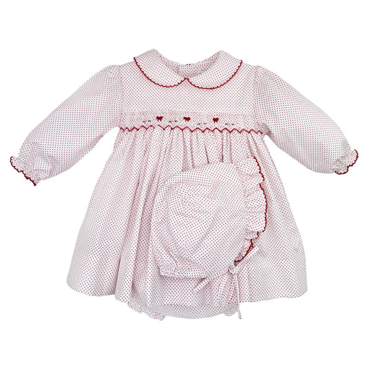 White w/Red Dots Smocked Dress w/Matching Bonnet