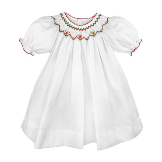 White w/Red Dot Smocked Bows Dress