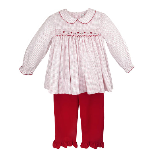 White w/Red Dots Smocked Pant Set