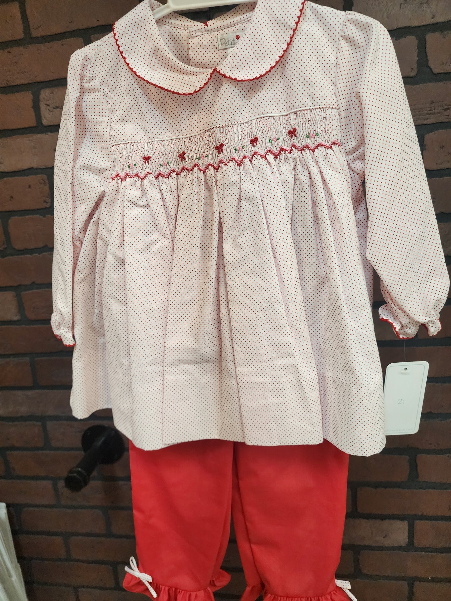 White w/Red Dot Smocked Bows 2PC Set