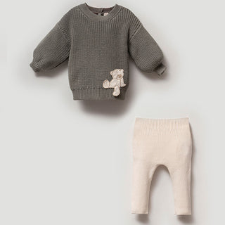 2PC Knitted Infant Set w/Bear Accent