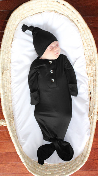 Knotted Baby Gown and Hat Set- Black