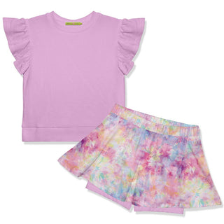 Lilac Angel-Sleeve Top & Candy Tie-Dye Skort