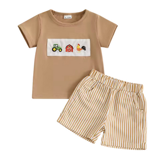 Embroidered Farm Tan Stripe Short Set