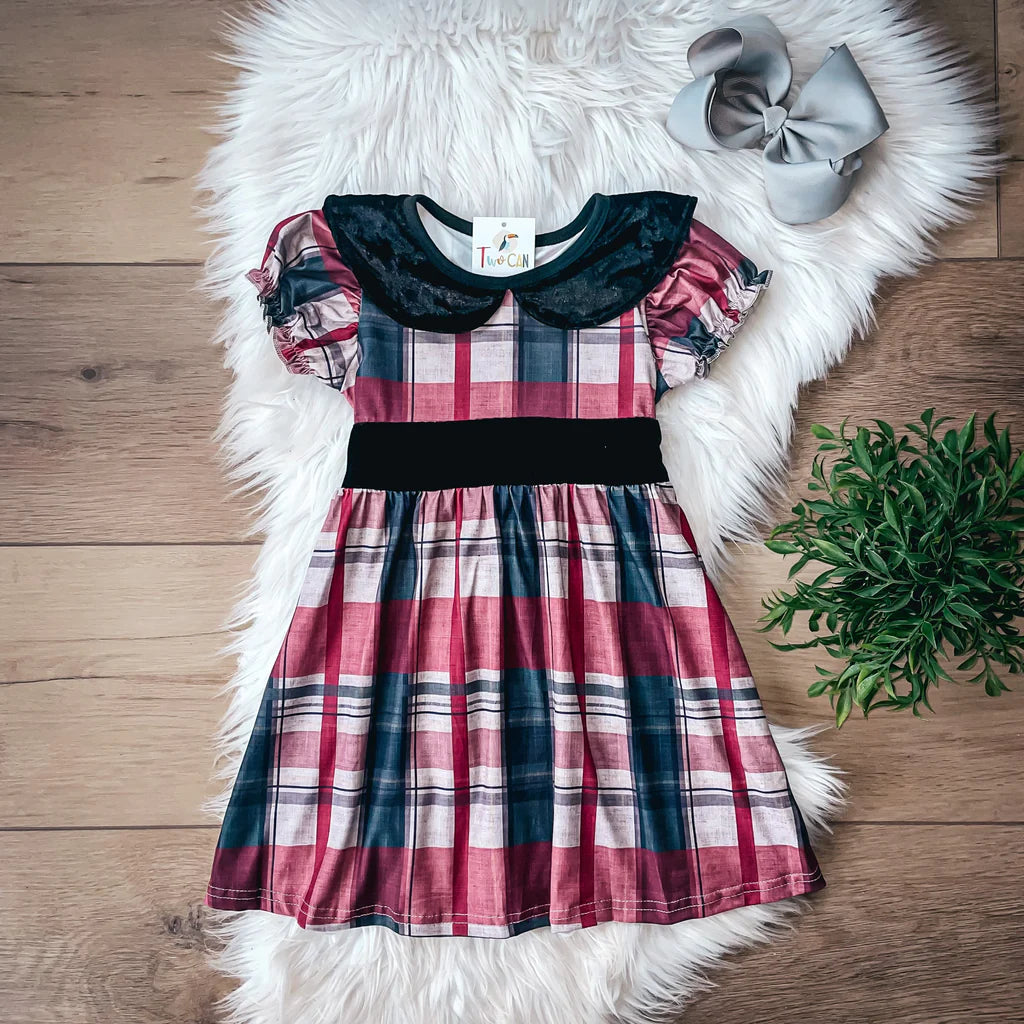 Plaid & Velvet Short Sleeve Dress