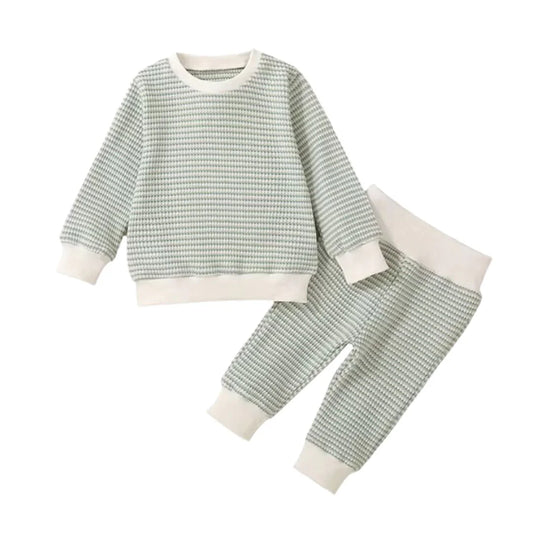 Green Waffle Knit Striped Set