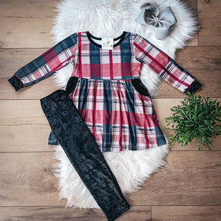 Plaid & Velvet Pants Set