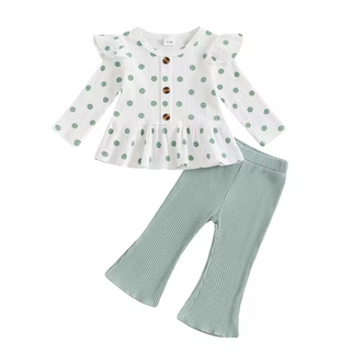 Green Polka Dot Ribbed Flare Pant Set