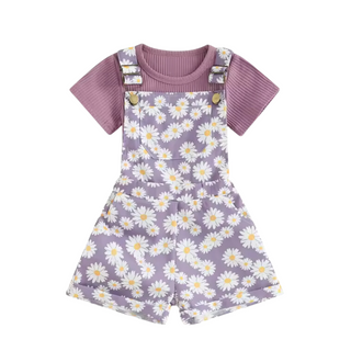 Purple Daisy Overalls Ribbed Tee Set