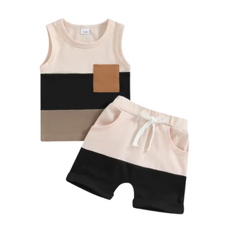 PRE-ORDER Beige and Black Tank Short Set