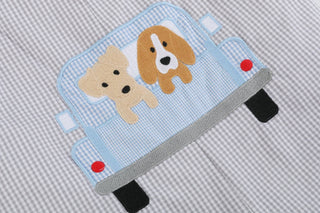 Grey Gingham Puppies in Truck Shortalls