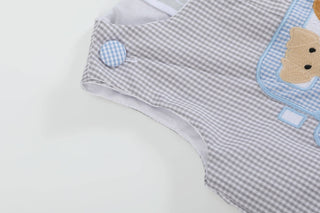 Grey Gingham Puppies in Truck Shortalls