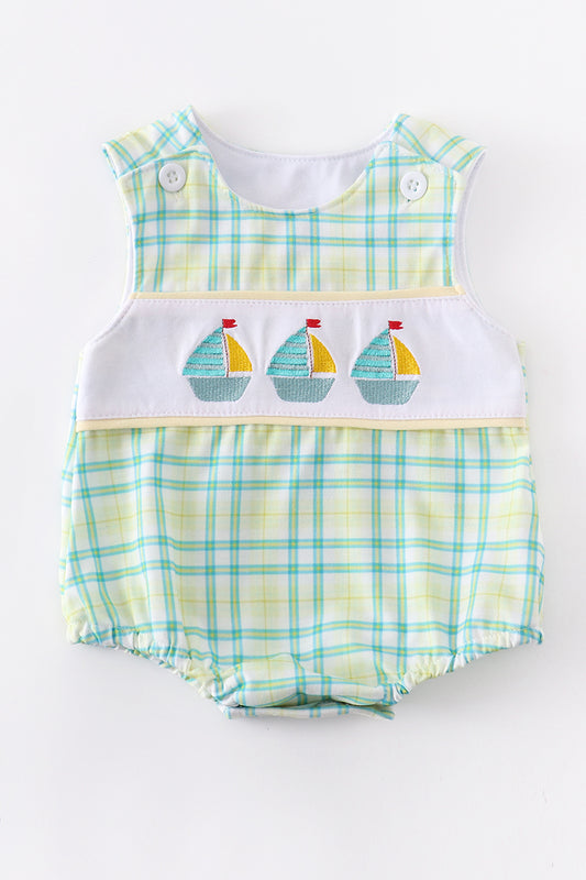 Sailboat Embroidery gingham Baby Boy Bubble