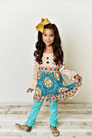 Kids Teal & Tan Button Ruffle Leggings Two Piece Set