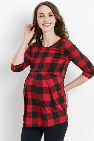 RED PLAID FRONT PLEAT MATERNITY TOP