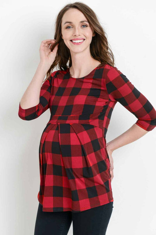 RED PLAID FRONT PLEAT MATERNITY TOP