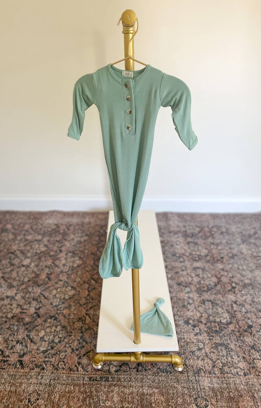 Knotted Baby Gown and Hat Set- Mint