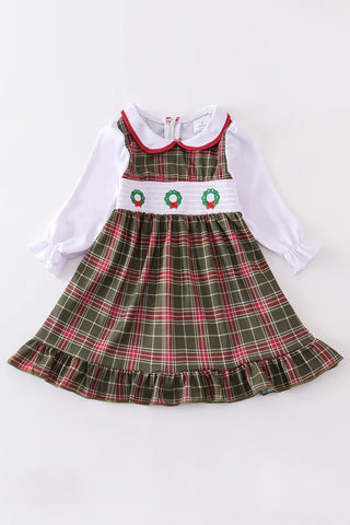 Christmas Wreath Embroidered Smocked Dress