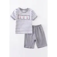 Grey Stripe Rabbit Applique Short Set