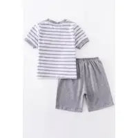 Grey Stripe Rabbit Applique Short Set