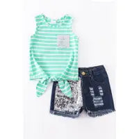 Mint Striped Knotted Top Denim Shorts 2 PC Set