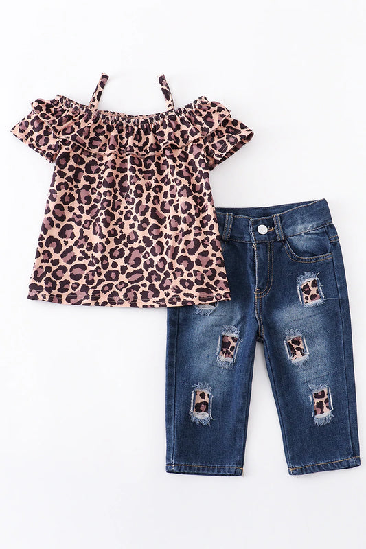 Leopard Off Shoulder Top and Jeans Set