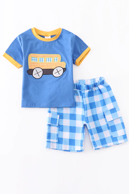 Bus Applique Gingham Boys Short Set