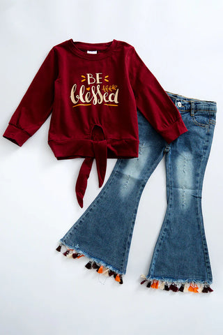 Maroon "be blessed "bell Denim set