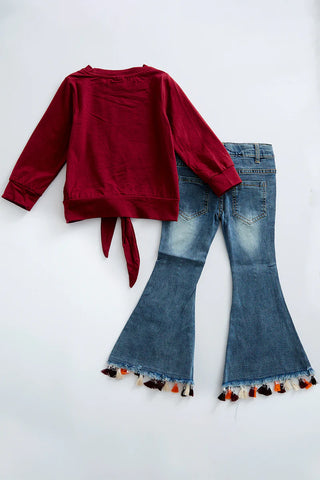 Maroon "be blessed "bell Denim set