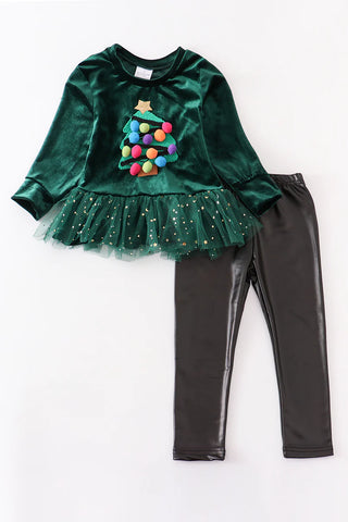 Velvet Christmas Tree Leather Pant Set