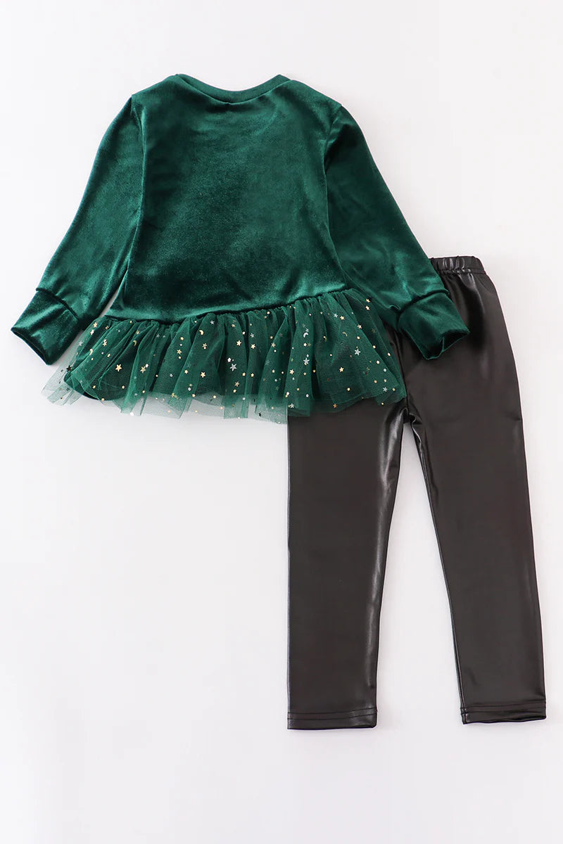 Velvet Christmas Tree Leather Pant Set