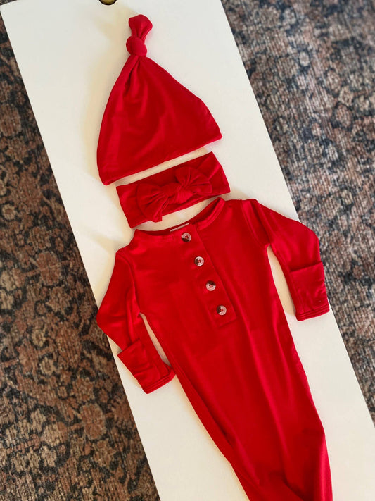 Knotted Baby Gown Set- Red