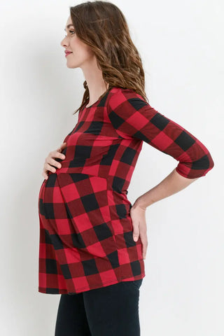 RED PLAID FRONT PLEAT MATERNITY TOP