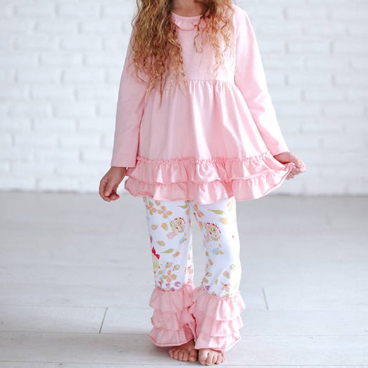 Kids Pink Floral Long Sleeve Ruffle Top & Pant Winter Set