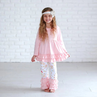 Kids Pink Floral Long Sleeve Ruffle Top & Pant Winter Set