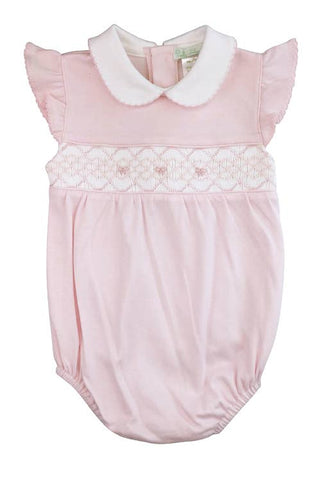 Pink bows smocked  Girl Romper, Pima Cotton