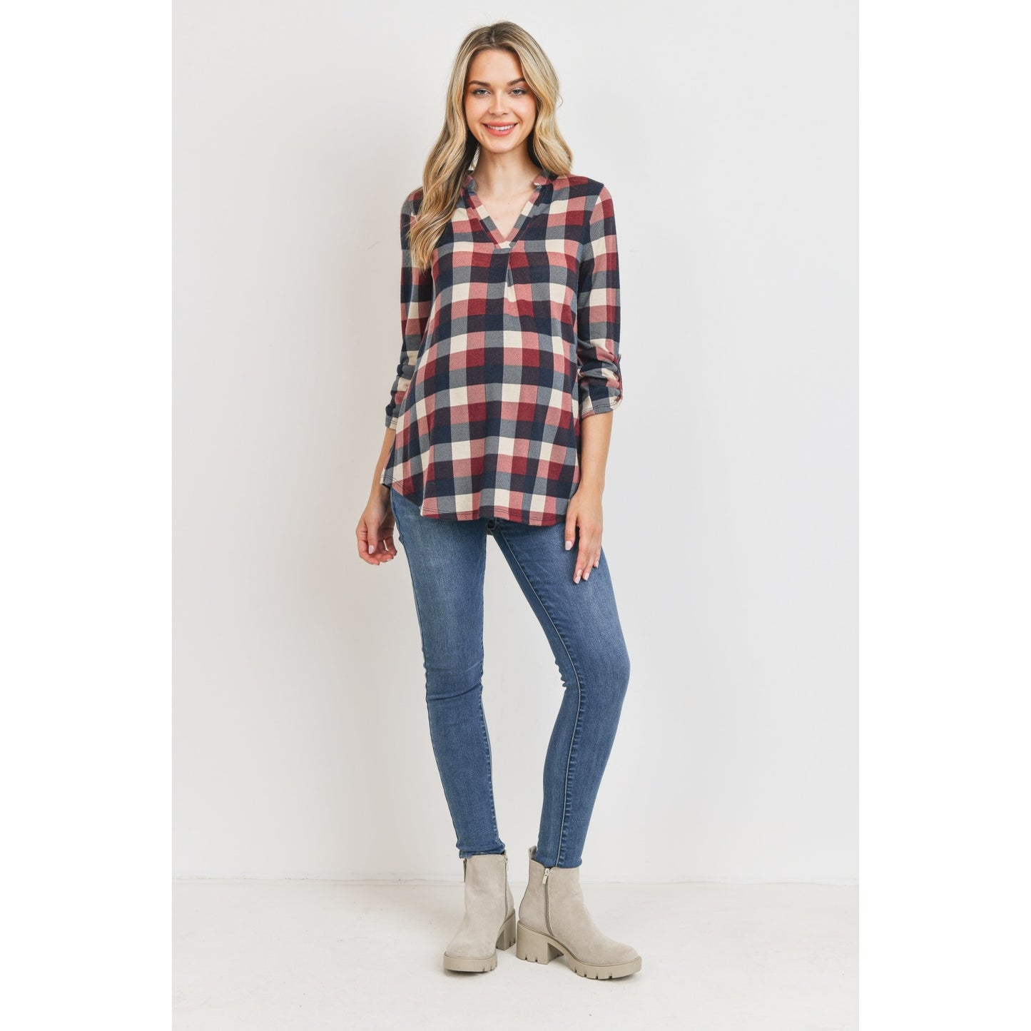 Hacci Checker V-Neck Maternity Tunic Blouse