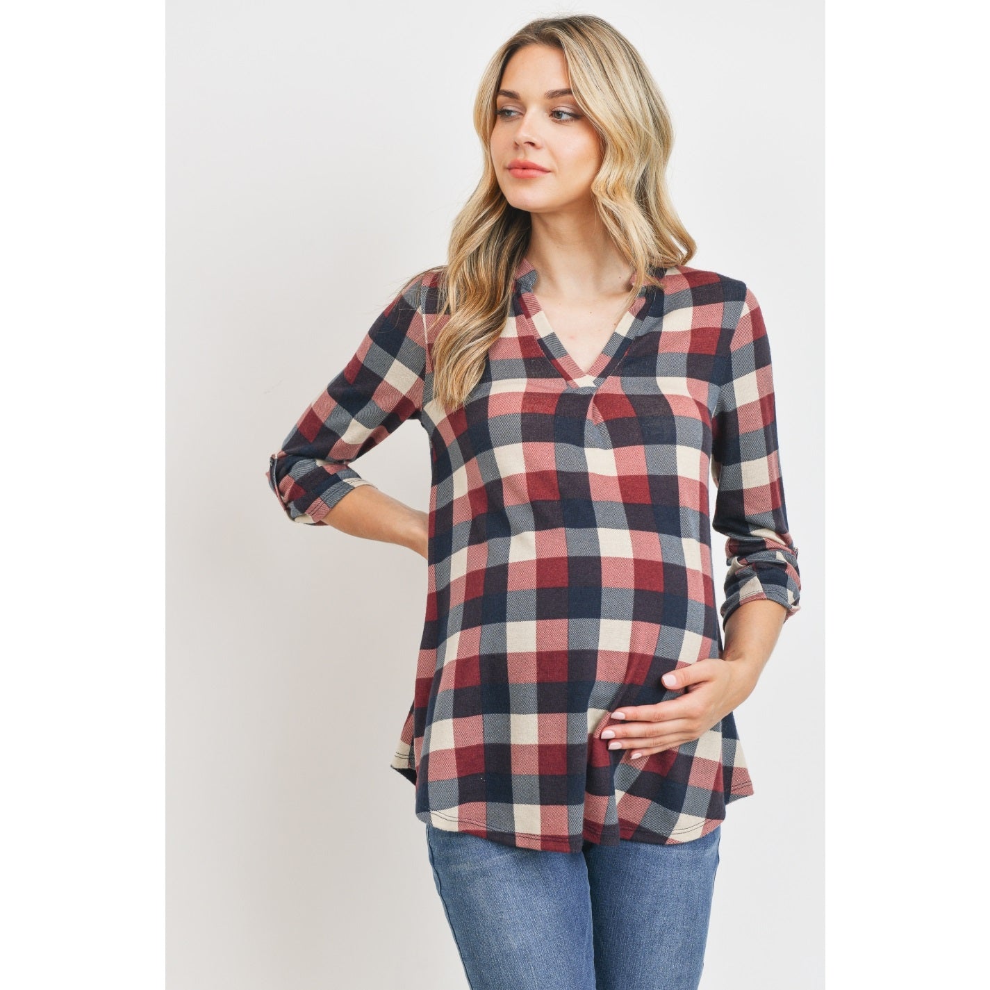 Hacci Checker V-Neck Maternity Tunic Blouse