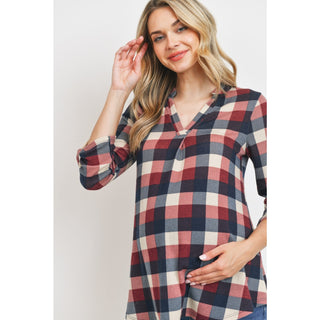 Hacci Checker V-Neck Maternity Tunic Blouse