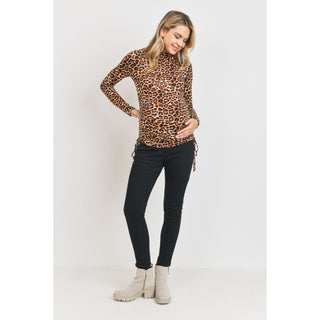 Leopard Side Ruching W Tie Mock Neck Maternity Top